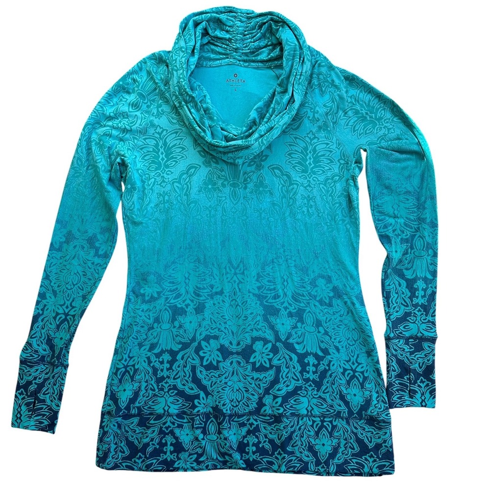 Athleta Cowl Neck Pullover Women L Teal Blue Ombre Damask Thumbhole Top